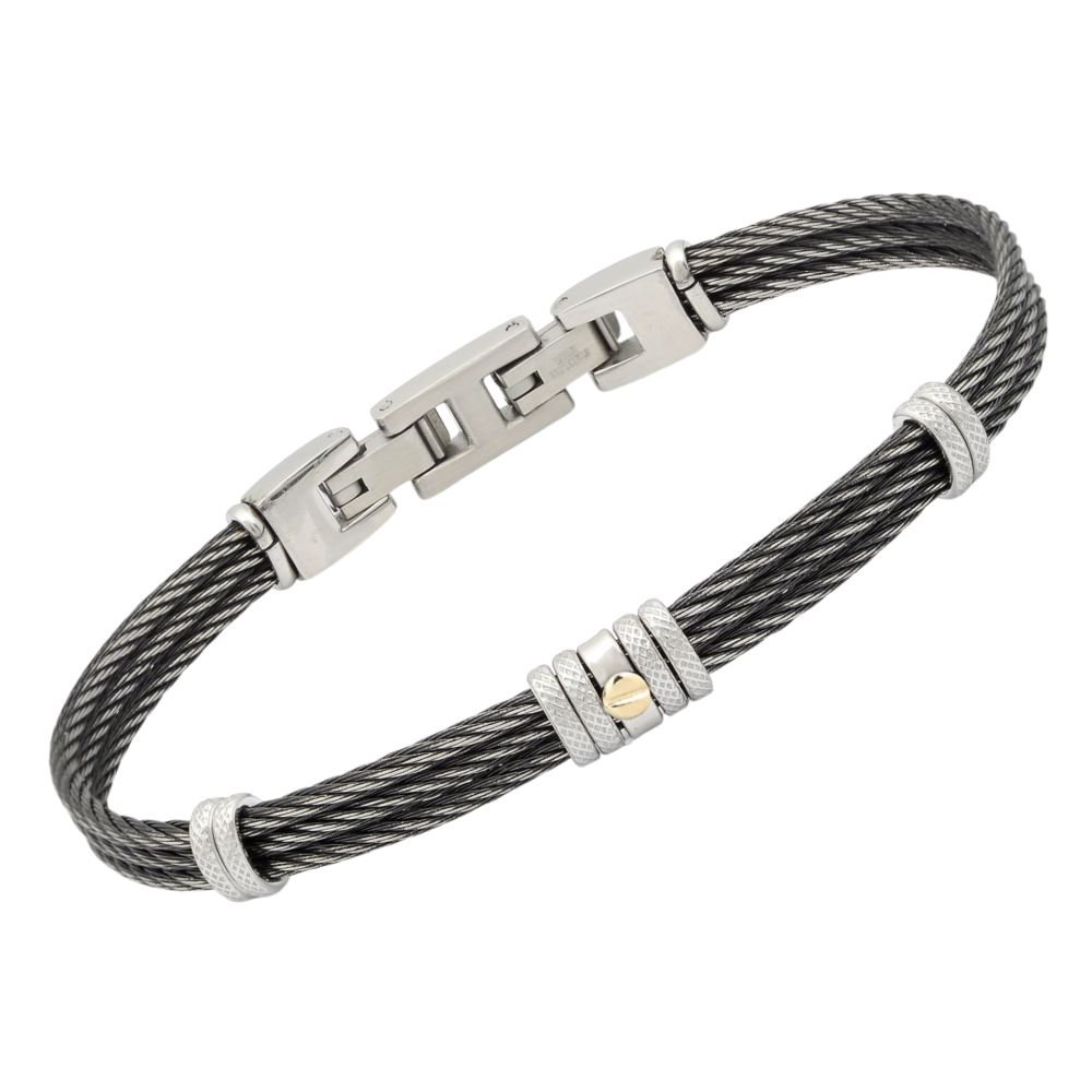 Brățară cu cablu din oțel PVD negru vintage și șurub central din aur 18K (0,03 g)