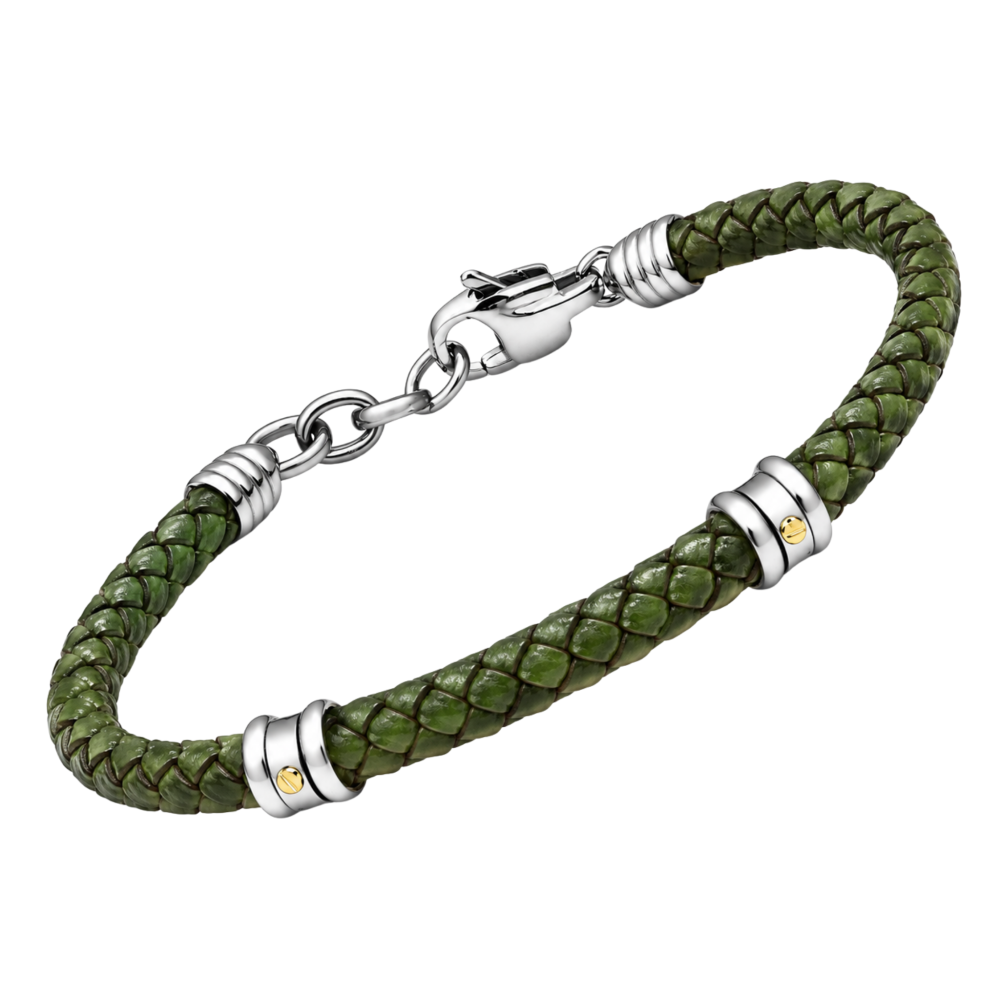 Brățară din oțel și piele împletită verde, cu șuruburi din aur 18K (0,04 g)