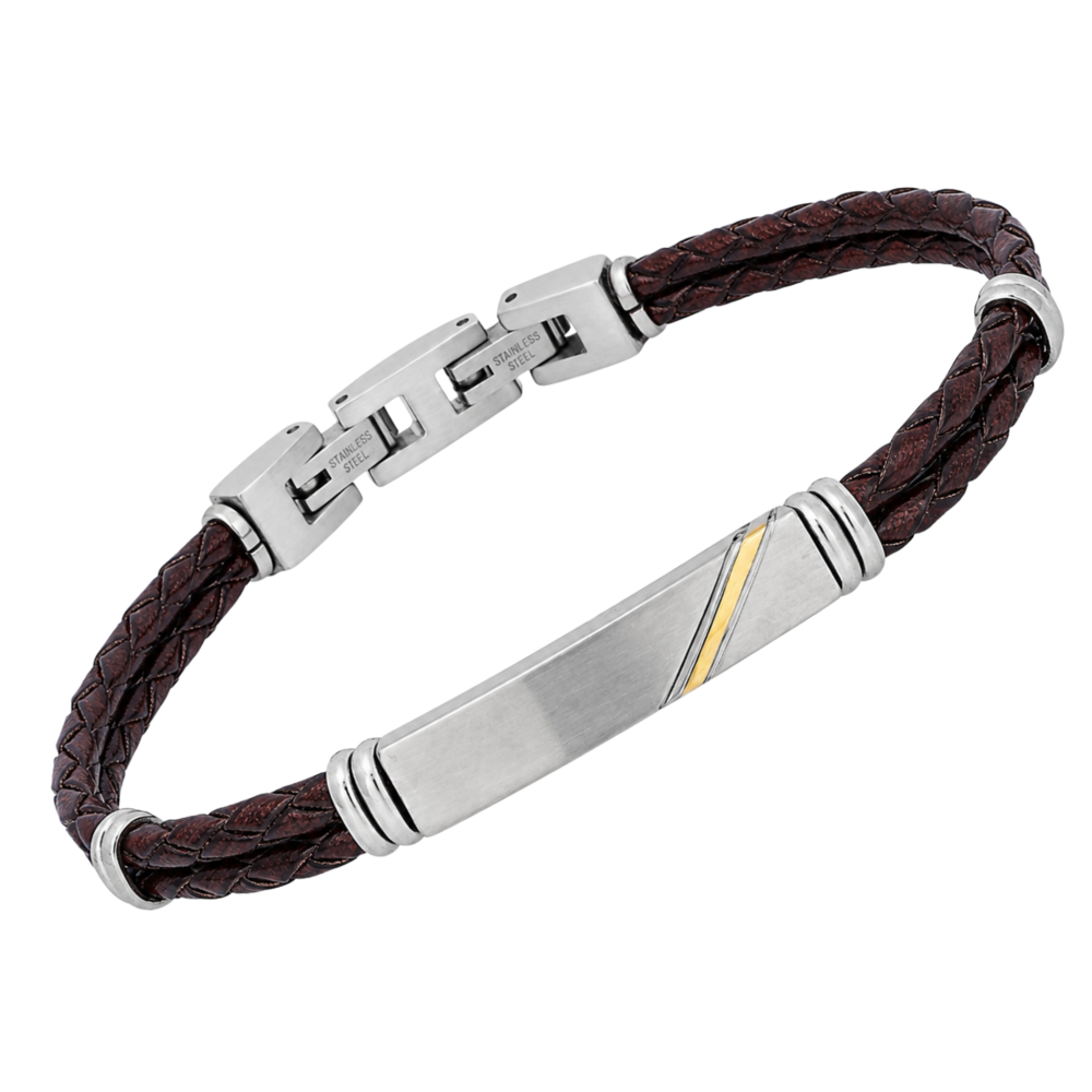 Brățară din oțel și piele maro, cu plăcuță din oțel și bandă din aur 18K (0,04 g)