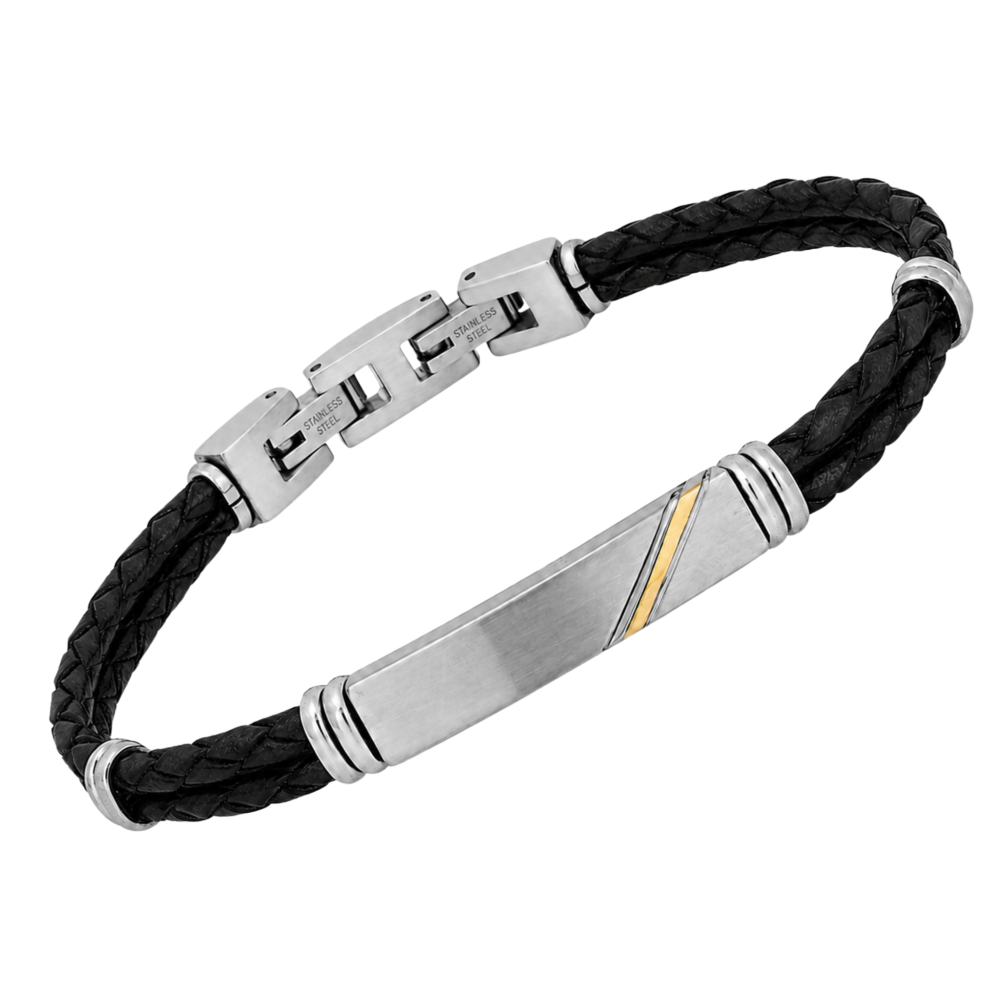 Brățară din oțel și piele neagră, cu plăcuță din oțel și bandă din aur 18K (0,04 g)