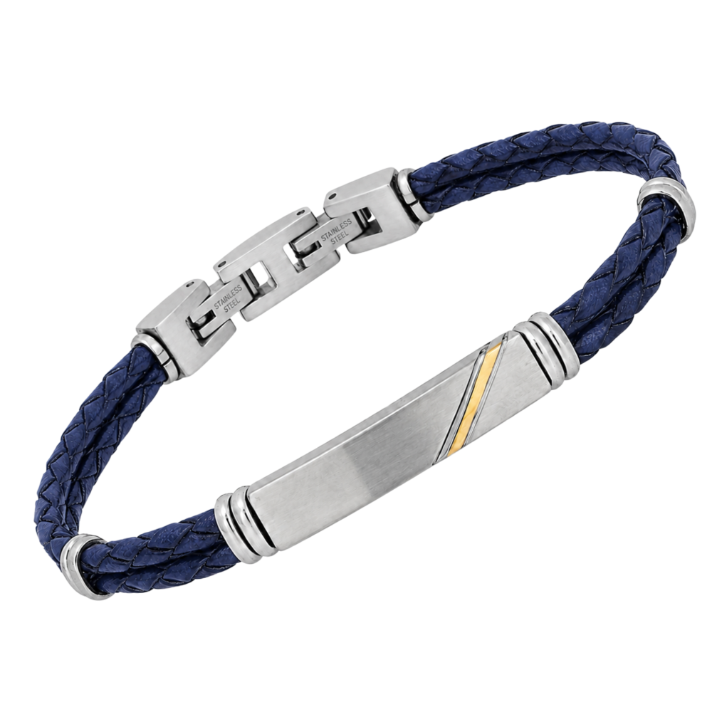 Brățară din oțel și piele albastră, cu plăcuță din oțel și bandă din aur 18K (0,04 g)