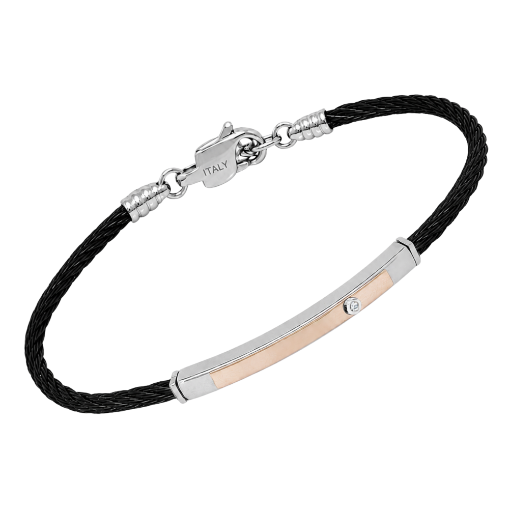 Brățară cablu negru din oțel cu plăcuță din aur roz 18K și diamant natural 0,015 ct