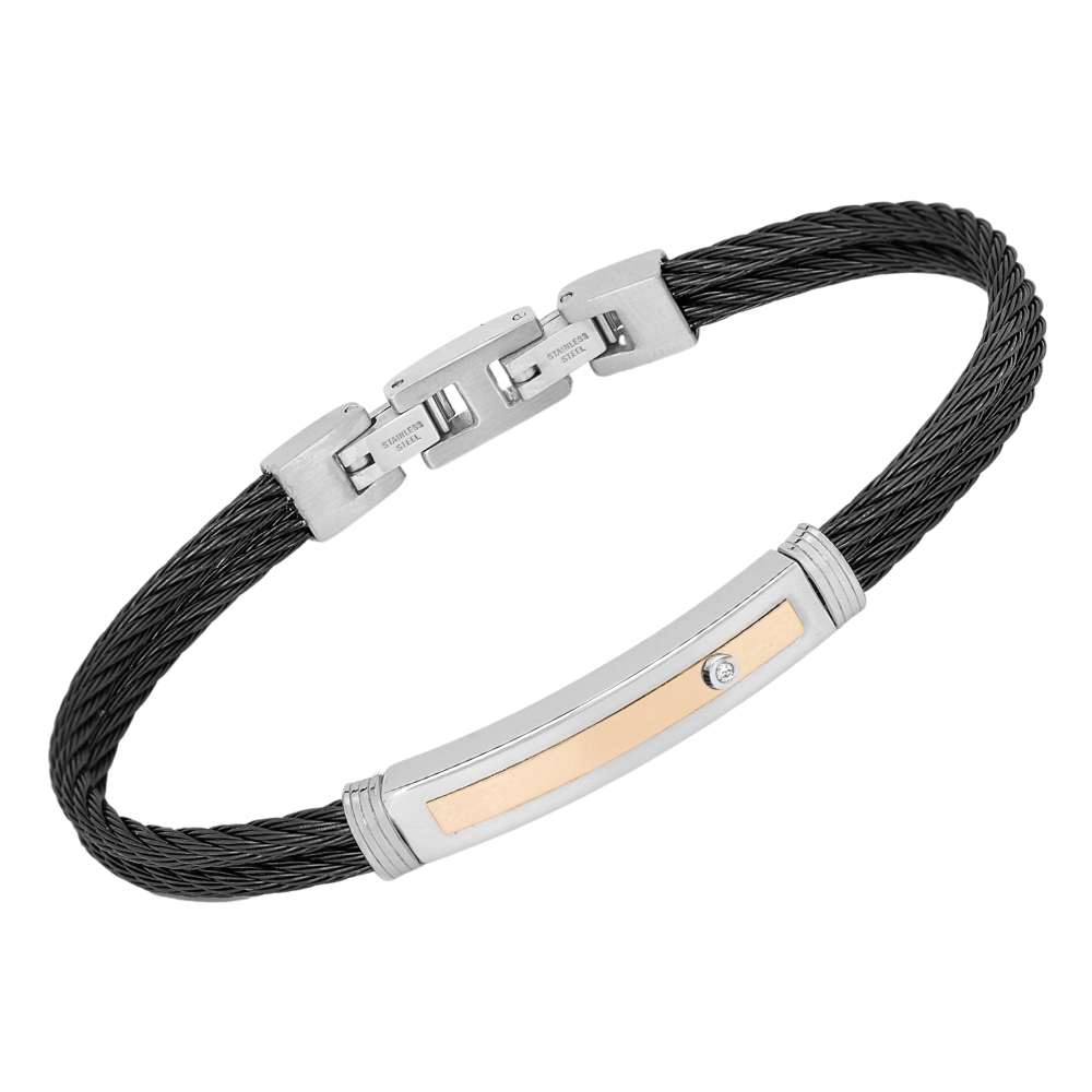 Brățară cu cablu dublu din oțel negru, aur roz 18K și diamant (HO029-D2G)