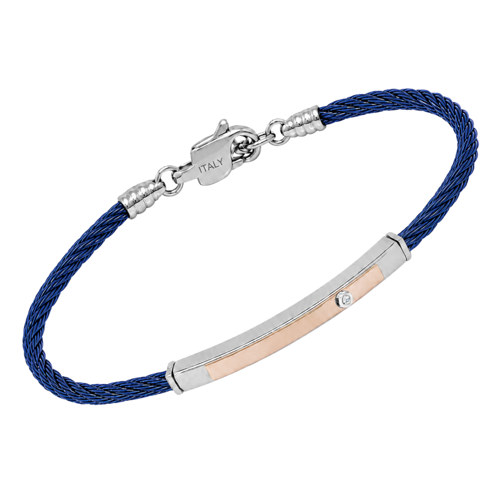 Brățară cablu din oțel albastru, aur roz 18K și diamant (HO029-D3)