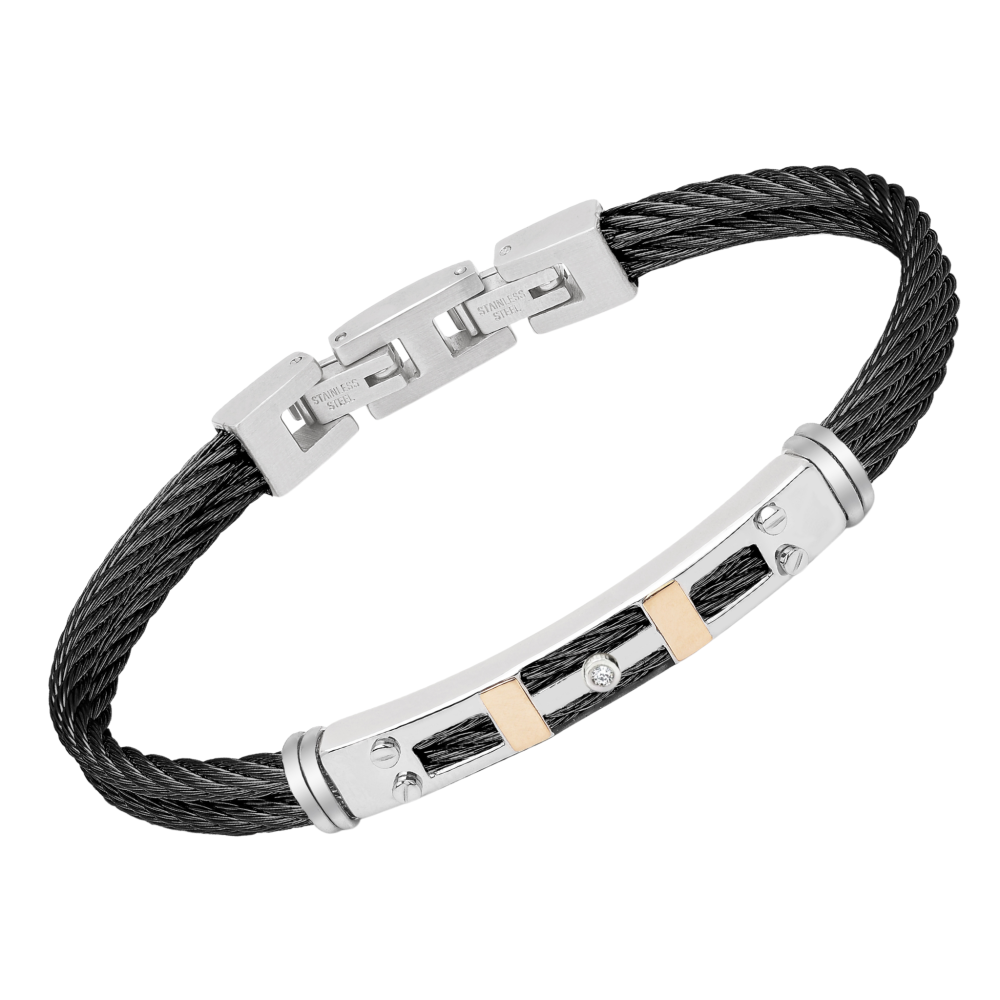 Brățară cablu din oțel negru PVD, cu aur 18K și diamant (HO029-D72)