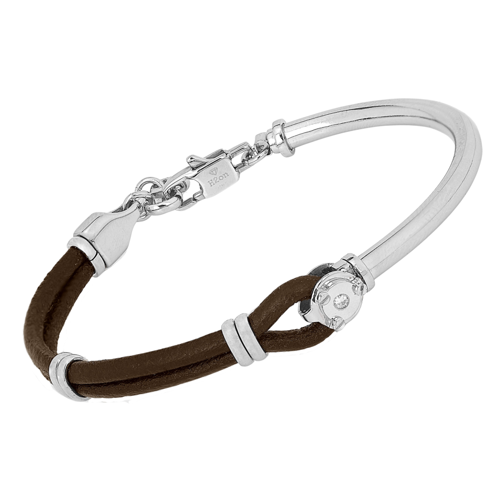 Brățară semirigidă din oțel cu piele maro și diamant natural (HO050-1DM)