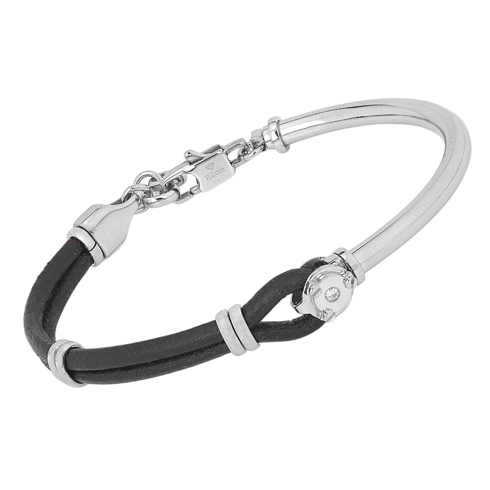 Brățară semirigidă din oțel cu piele neagră și diamant natural (HO050-1DN)