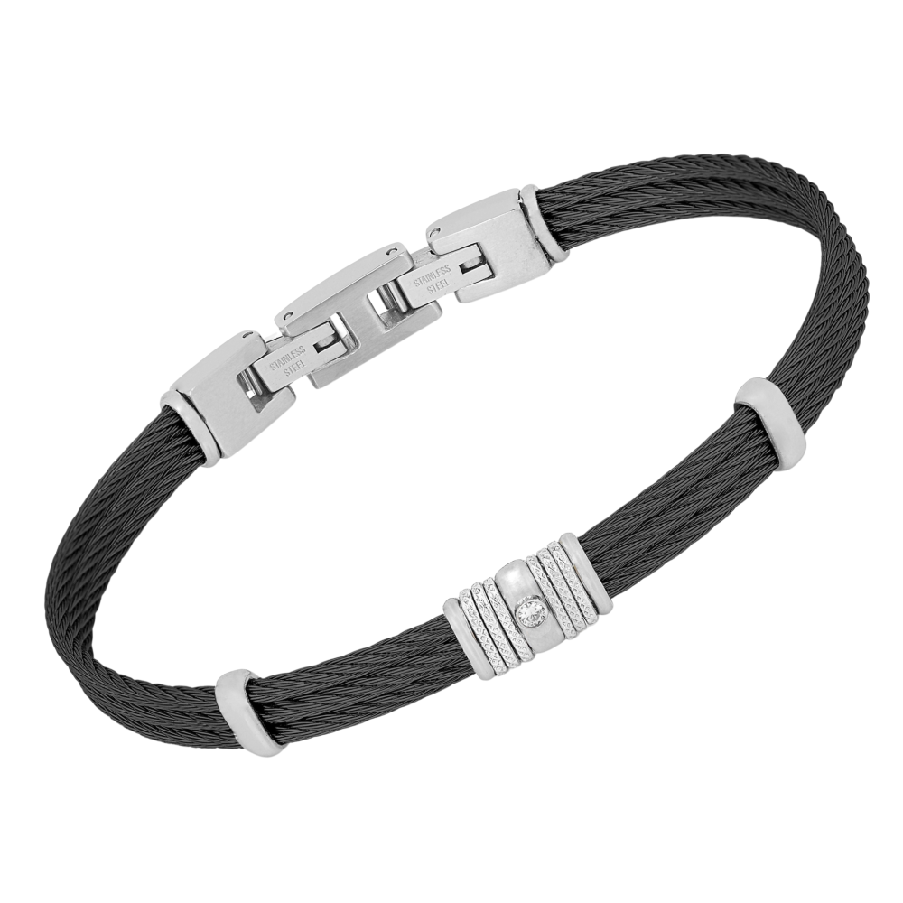 Brățară cablu din oțel cu finisaj PVD negru și diamant natural 0,015 ct (HO051-3D)