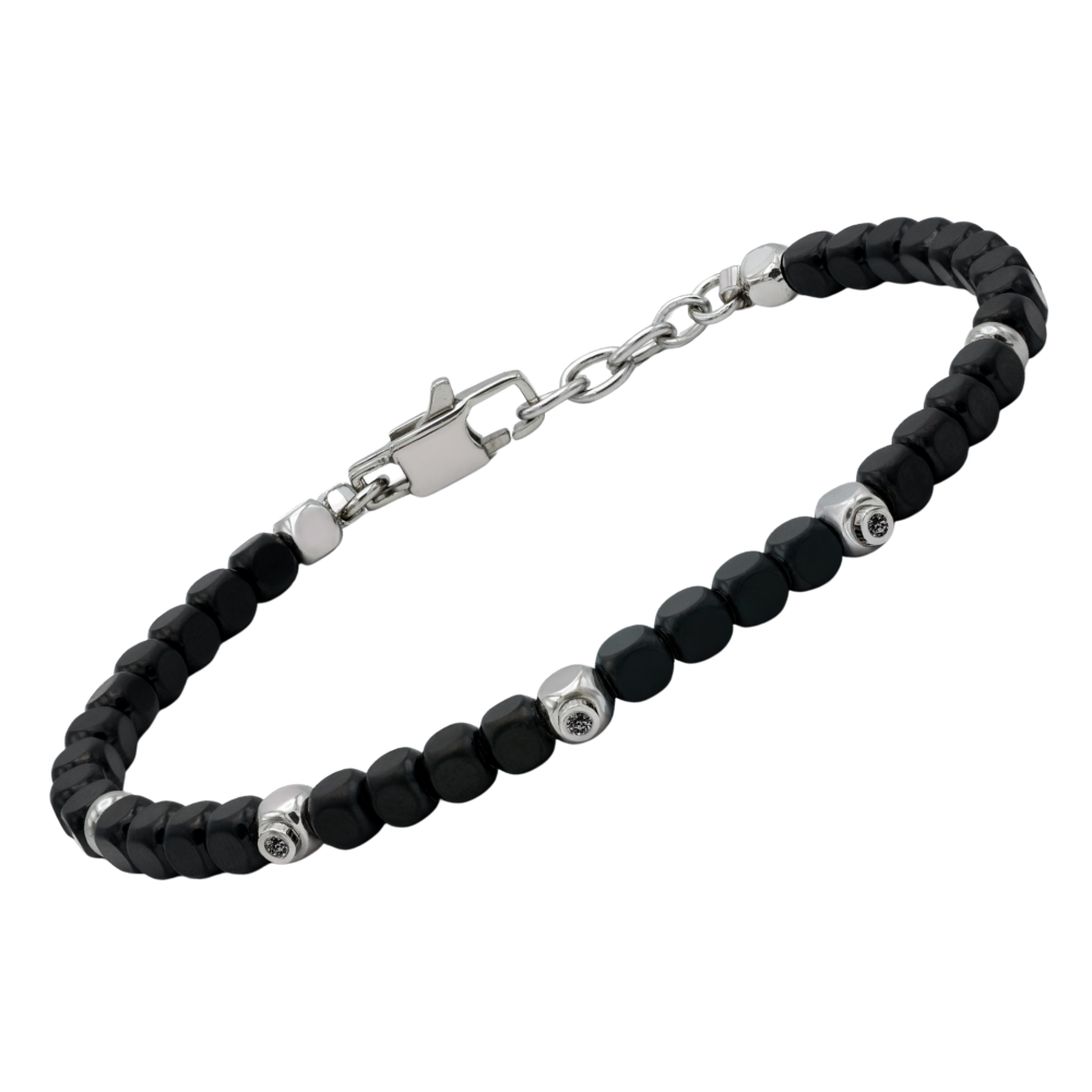 Brățară din oțel cu mărgele cubice din PVD negru și diamante negre 3 x 0,025 ct (HO051-B3)