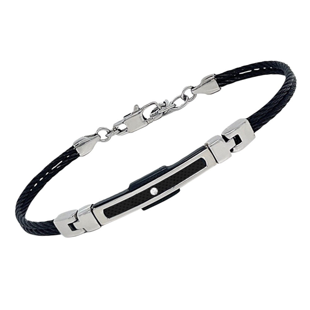 Brățară cablu din PVD negru, PVD negru plăcuță cu diamant natural 0,015 ct (HO051-BR)