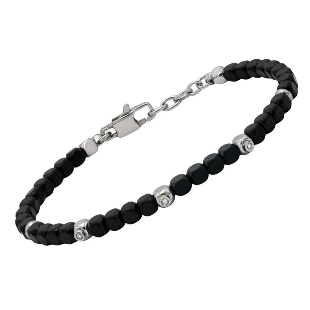Brățară din oțel cu mărgele cubice din PVD negru și diamante naturale 3 x 0,015 ct (HO051-D3)
