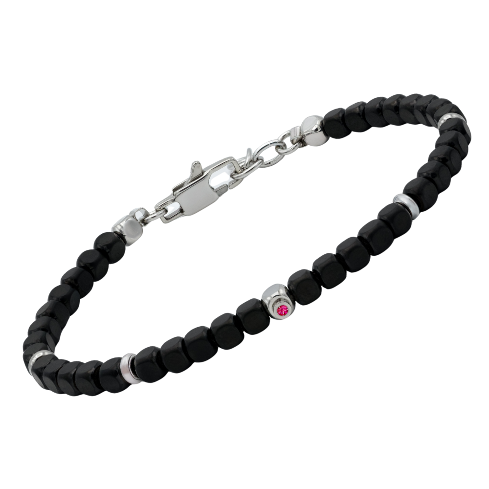 Brățară din oțel cu mărgele cubice din PVD negru și rubin natural 0,027 ct (HO051-R1)