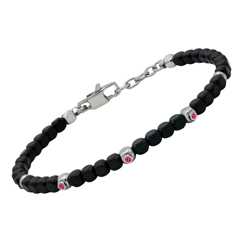 Brățară din oțel cu mărgele cubice din PVD negru și rubine naturale 3 x 0,027 ct (HO051-R3)