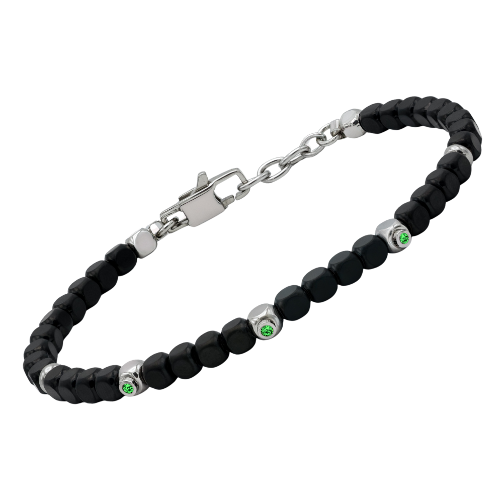 Brățară din oțel cu mărgele cubice din PVD negru și smaralde naturale 3 x 0,024 ct (HO051-S3)