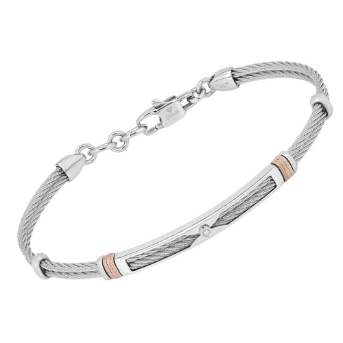 Brățară cablu din oțel cu cu verigi texturate în nuanță aur roz și diamant natural 0,015 ct (HO052-0)
