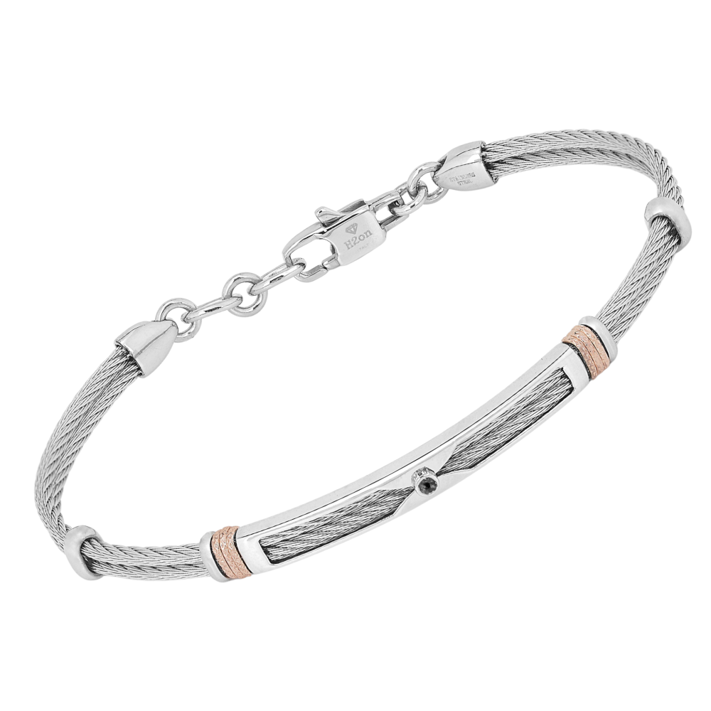 Brățară cablu din oțel cu cu verigi texturate în nuanță aur roz și diamant negru 0,025 ct (HO052-0B)