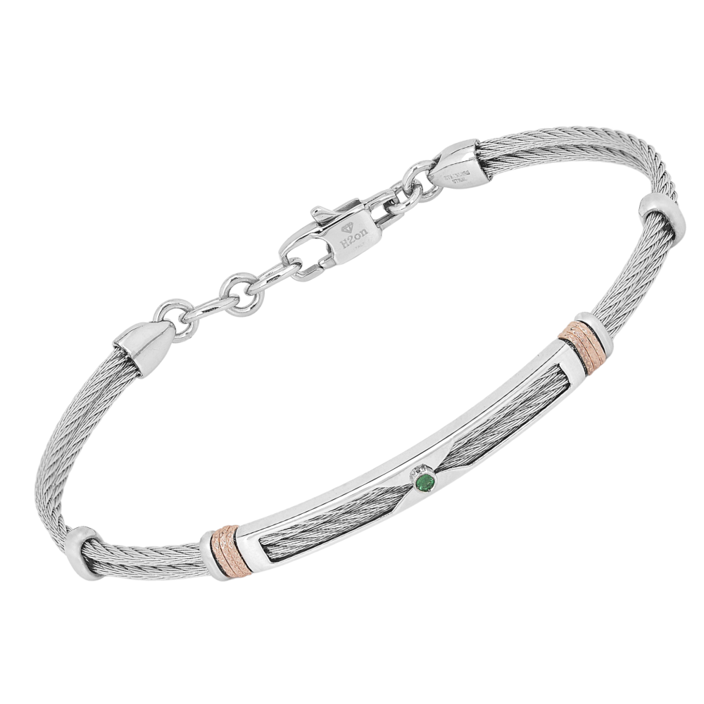 Brățară cablu din oțel cu cu verigi texturate în nuanță aur roz și smarald natural 0,024 ct (HO052-0S)