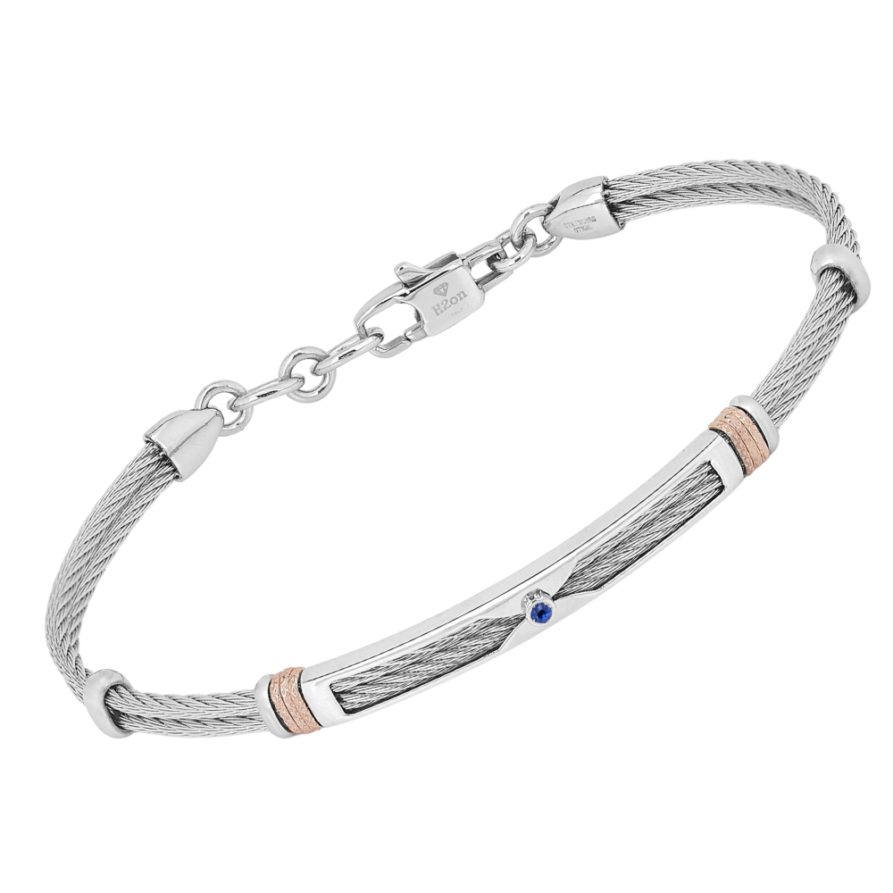 Brățară cablu din oțel cu cu verigi texturate în nuanță aur roz și safir natural 0,032 ct (HO052-0Z)