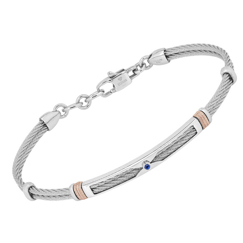 Brățară cablu din oțel cu cu verigi texturate în nuanță aur roz și safir natural 0,032 ct (HO052-0Z)