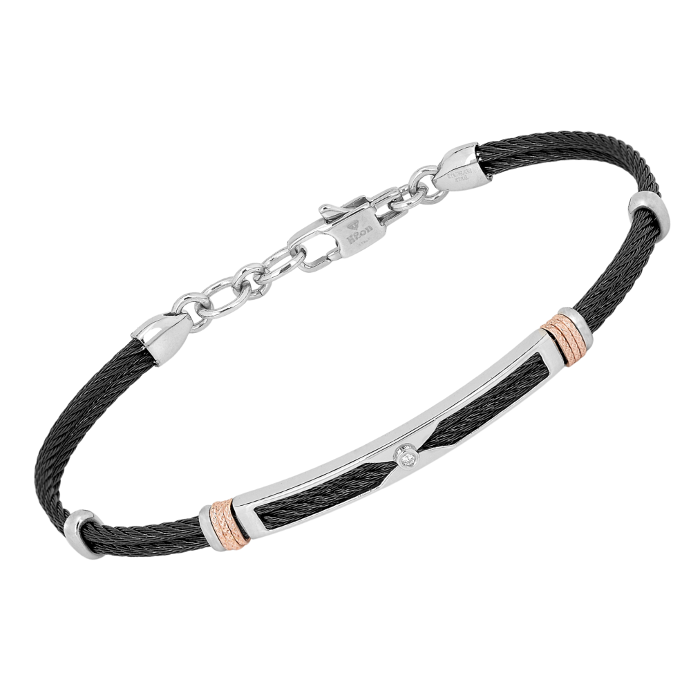 Brățară cablu din oțel cu finisaj PVD negru cu cu verigi texturate în nuanță aur roz și diamant natural 0,015 ct (HO052-2)