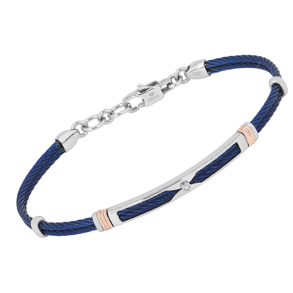 Brățară cablu din oțel cu finisaj PVD albastru cu cu verigi texturate în nuanță aur roz și diamant natural 0,015 ct (HO052-3)