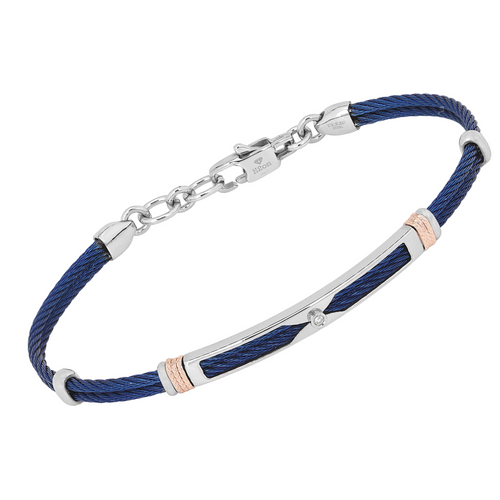 Brățară cablu din oțel cu finisaj PVD albastru cu cu verigi texturate în nuanță aur roz și diamant natural 0,015 ct (HO052-3)