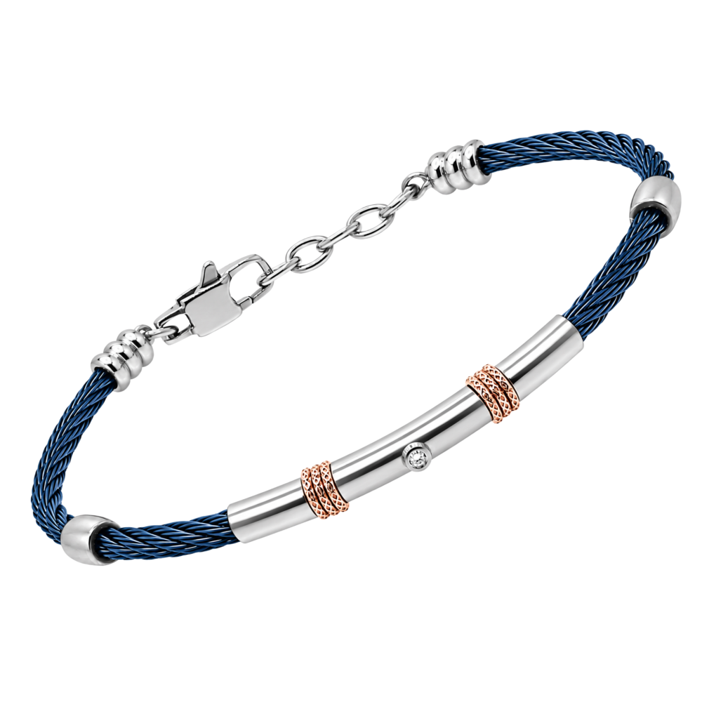 Brățară din oțel și PVD blue cu diamant natural 0,015 ct (HO052-53)