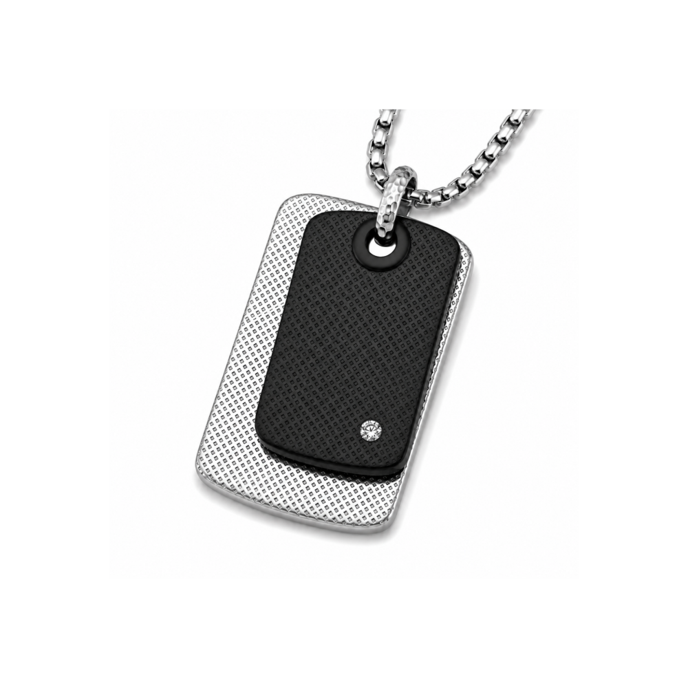 Colier din oțel cu finisaj PVD negru, plăcuțe texturate cu finisaj PVD negru și silver cu diamant natural 0,015 ct (HO052-C)