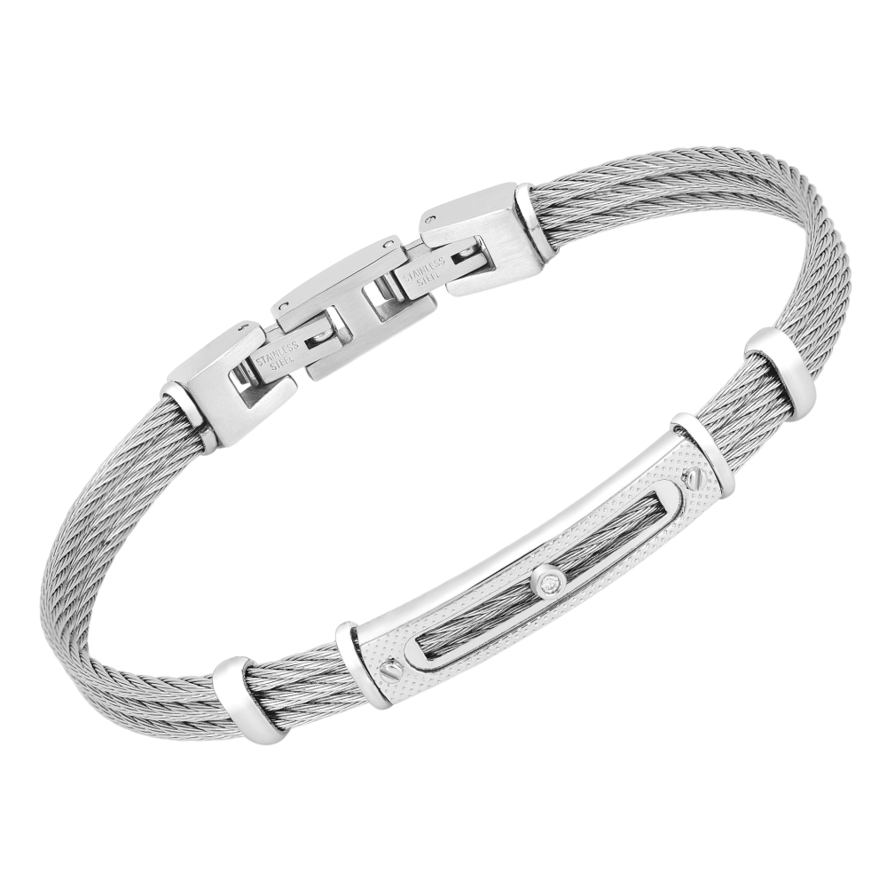 Brățară cablu din oțel cu plăcuță texturată și diamant natural 0,015 ct (HO068-BR)