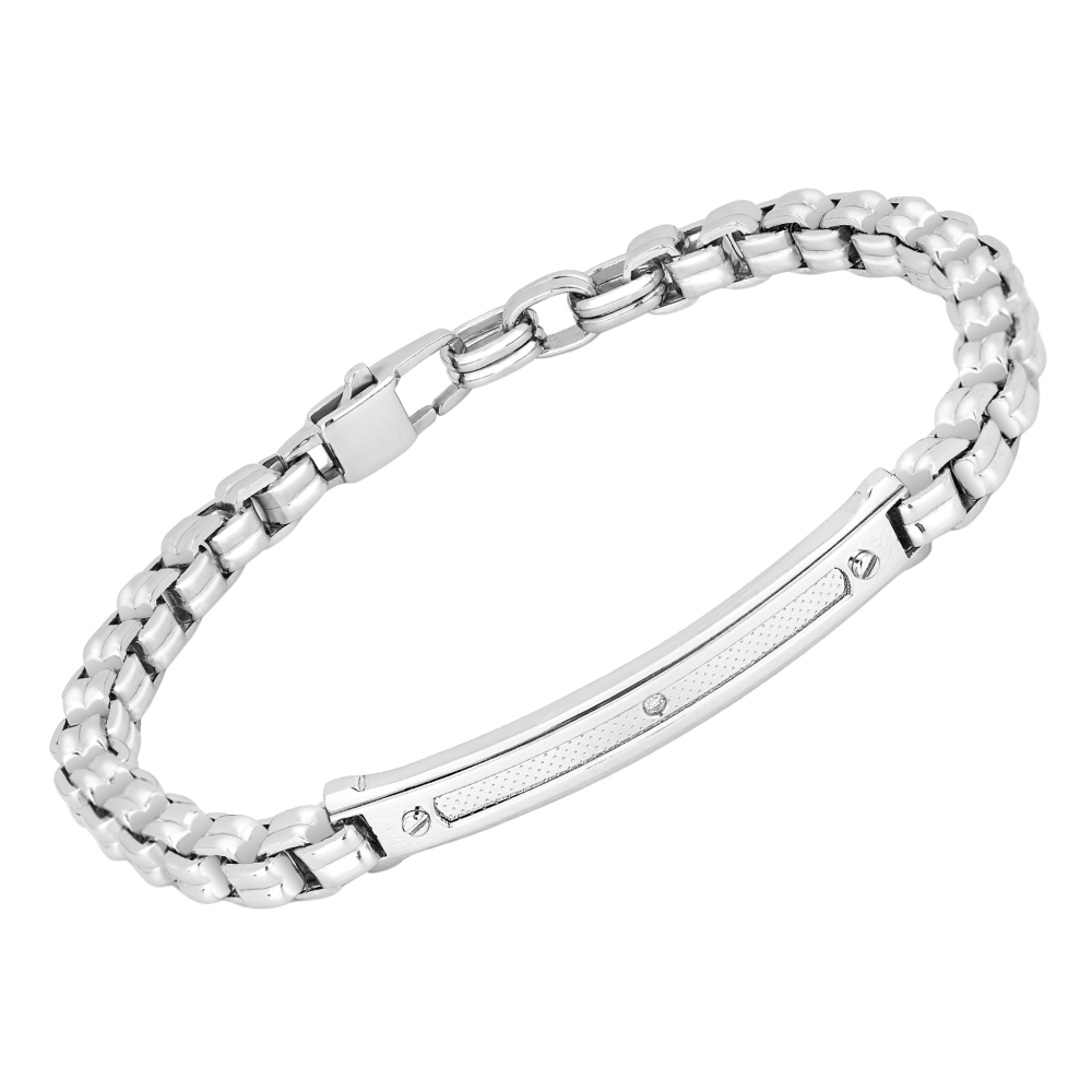 Brățară lanț din oțel cu plăcuță texturată și diamant natural 0,015 ct (HO068-BRM)