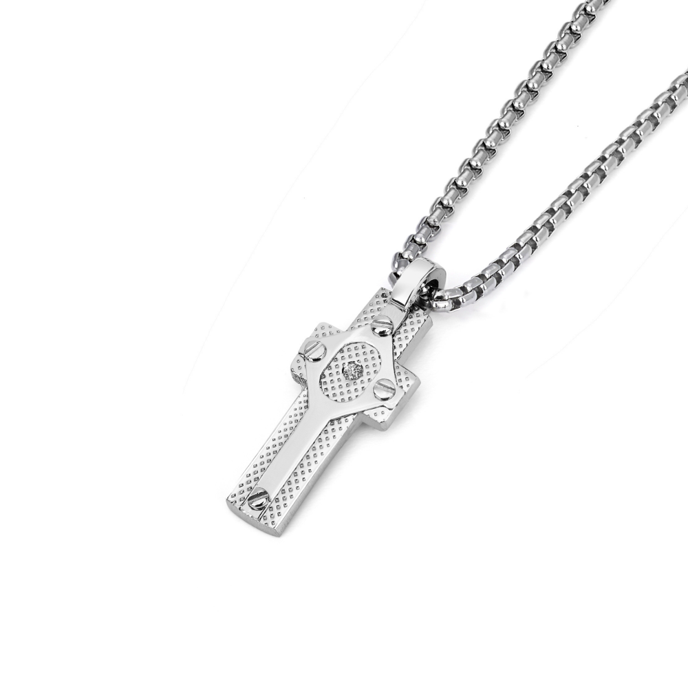 Pandantiv cruce din oțel cu plăcuță texturată și diamant natural 0,015 ct (HO068-CR)