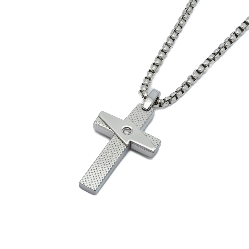 Pandantiv cruce din oțel cu diamant natural 0,015 ct (HO068-CR2)