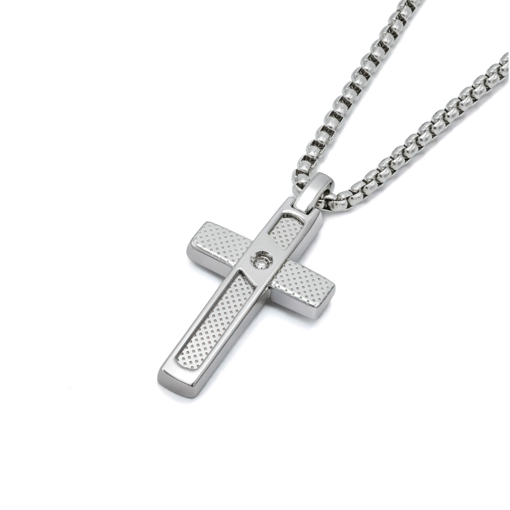 Pandantiv cruce din oțel cu diamant natural 0,015 ct (HO068-CR3)