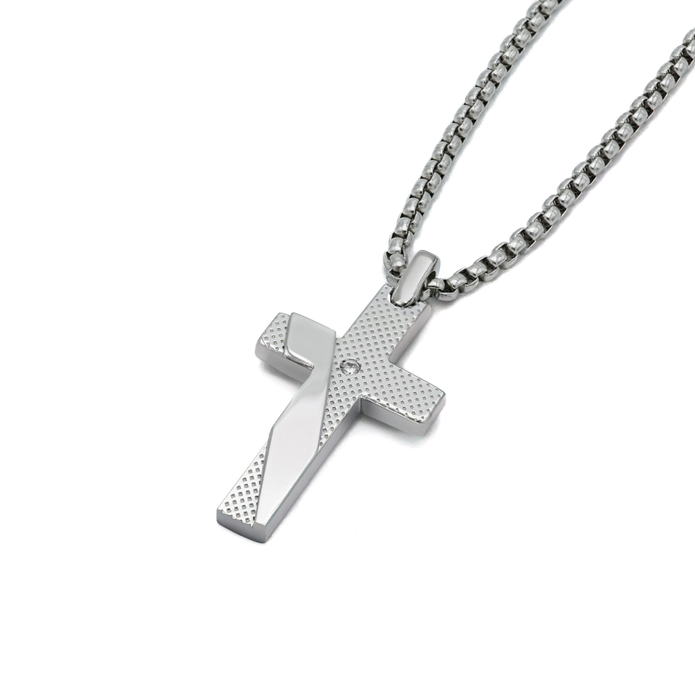 Pandantiv cruce din oțel cu diamant natural 0,015 ct (HO068-CR4)