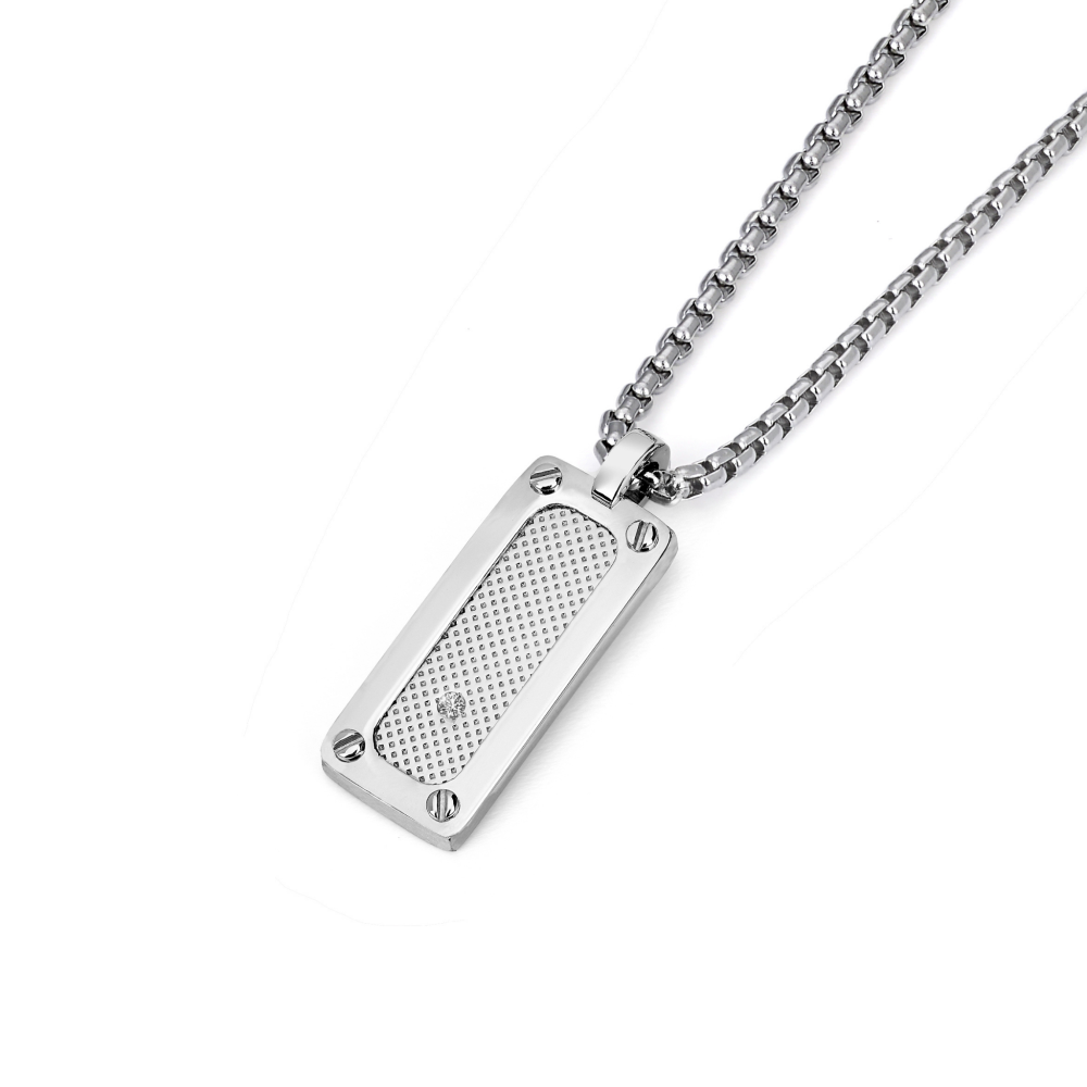 Pandantiv din oțel cu plăcuță texturată și diamant natural 0,015 ct (HO068-ME)