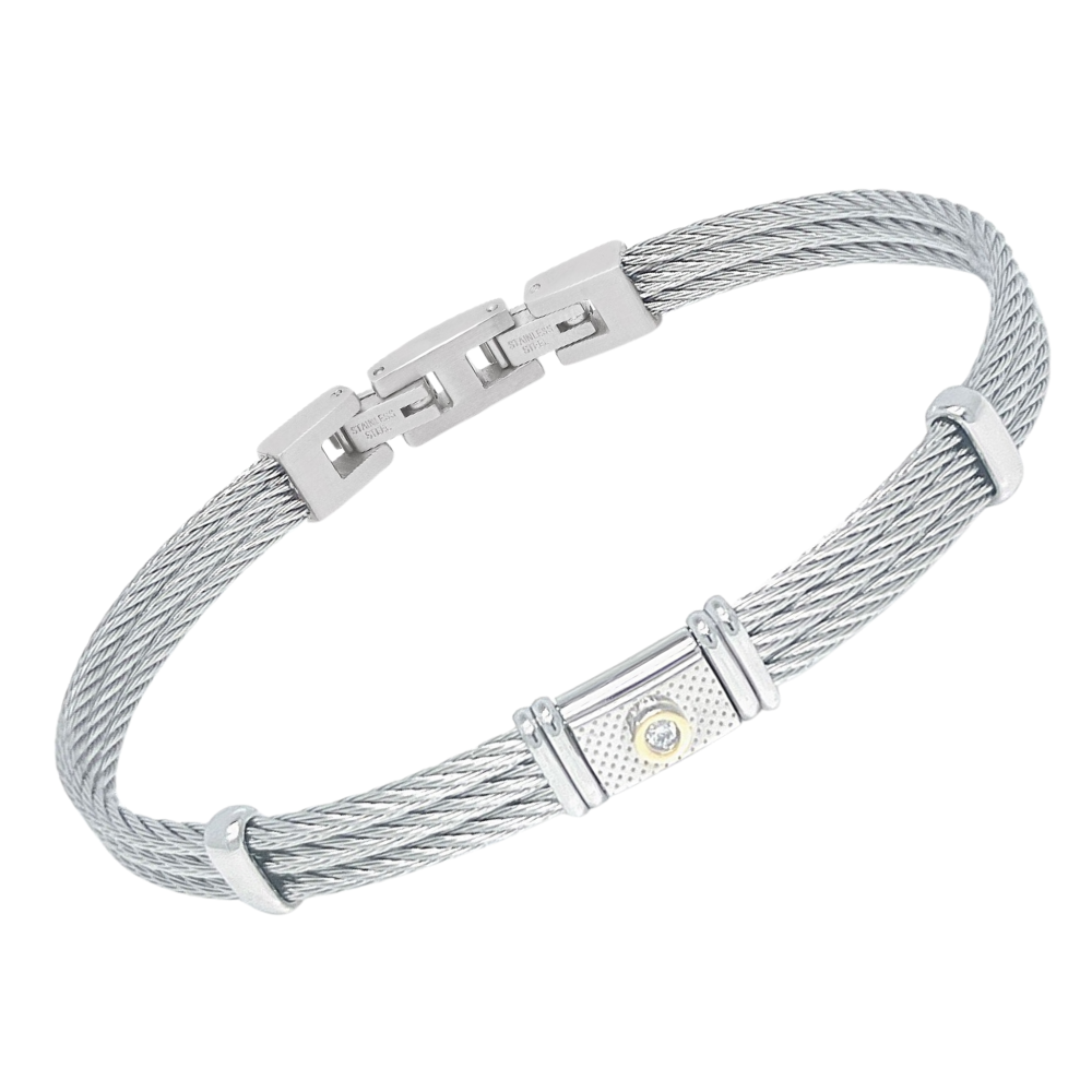 Brățară cablu din oțel și plăcuță texturată cu aur 18K 0,02 g și diamant natural 0,015 ct (HO133-BR)