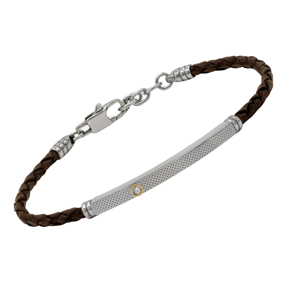 Brățară din piele maro și plăcuță texturată cu aur 18K 0,02 g și diamant natural 0,015 ct (HO133-LE1)
