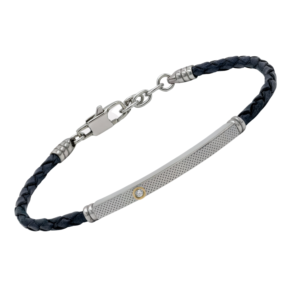 Brățară din piele neagră și plăcuță texturată cu aur 18K 0,02 g și diamant natural 0,015 ct (HO133-LE2)