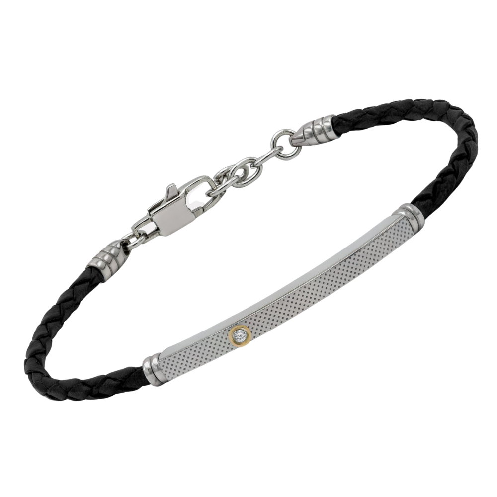 Brățară din piele albastră și plăcuță texturată cu aur 18K 0,02 g și diamant natural 0,015 ct (HO133-LE3)