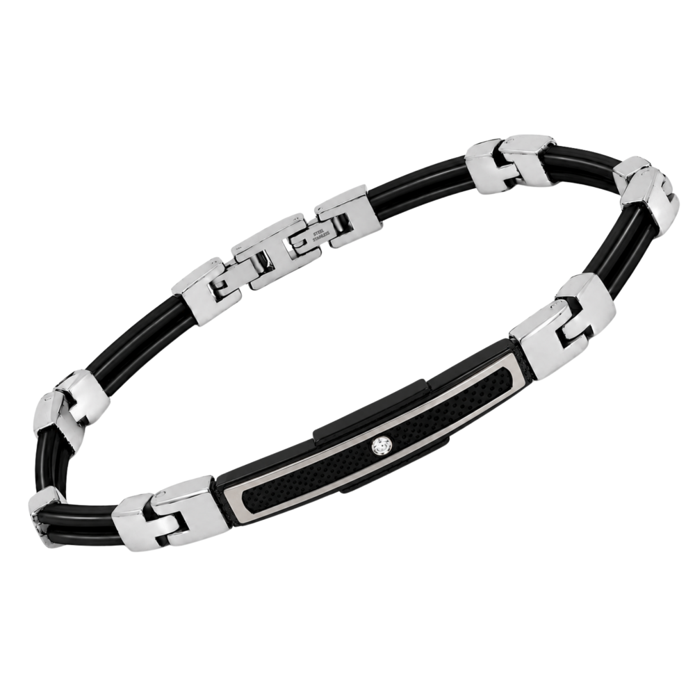 Brățară din oțel cu finisaj PVD negru cu zale turnate și plăcuță cu diamant natural 0,015 ct (HO150-D2)