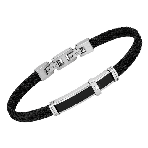 Brățară 2 cabluri din oțel și PVD negru plăcuță cu diamant natural 0,015 ct (HO151-BR)
