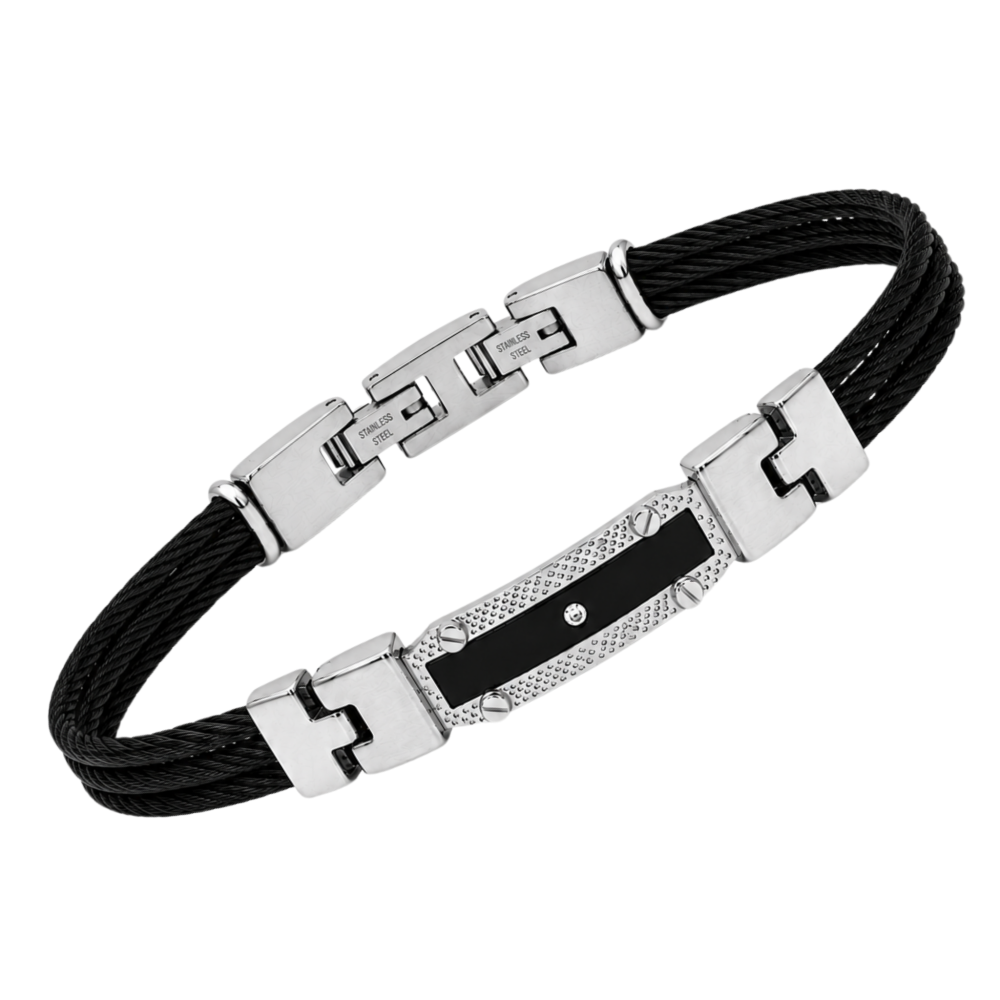Brățară cablu cu finisaj PVD negru, PVD negru plăcuță cu diamant natural 0,015 ct (HO152-BR)