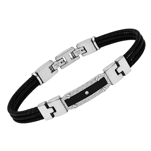 Brățară cablu cu finisaj PVD negru, PVD negru plăcuță cu diamant natural 0,015 ct (HO152-BR)