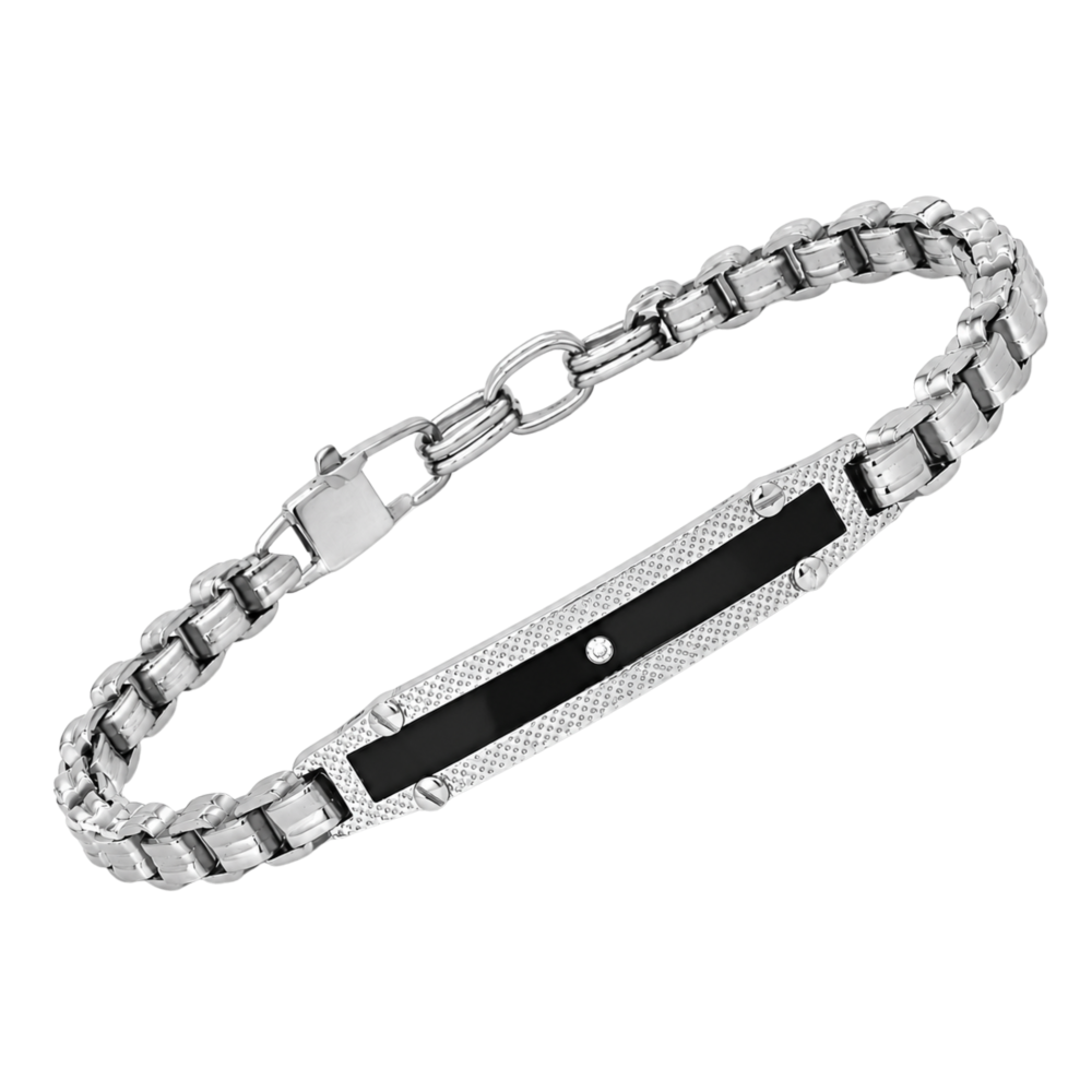 Brățară din lanț steel, PVD negru plăcuță cu diamant natural 0,015 ct (HO152-BRM)