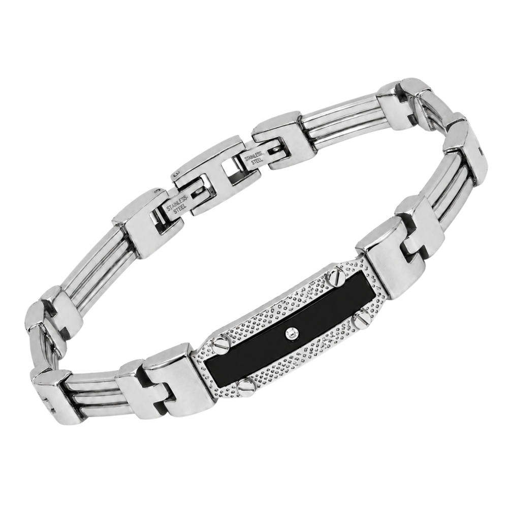 Brățară din oțel cu zale turnate și PVD negru plăcuță cu diamant natural 0,015 ct (HO152-D3)